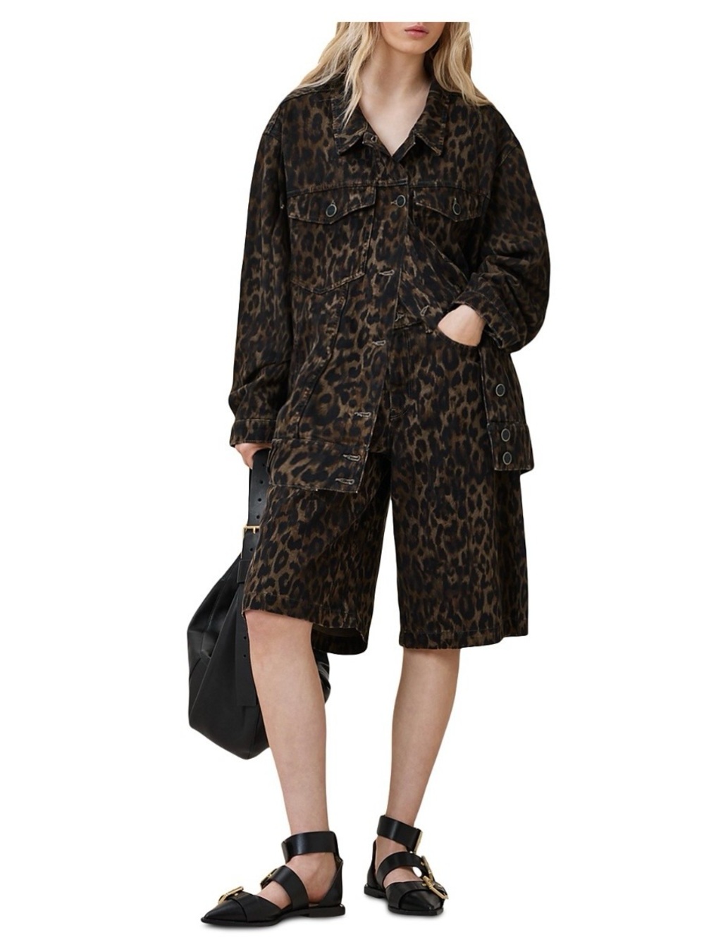 AllSaints Leopard Print Denim Louie Long Shorts - Picture 3 of 9